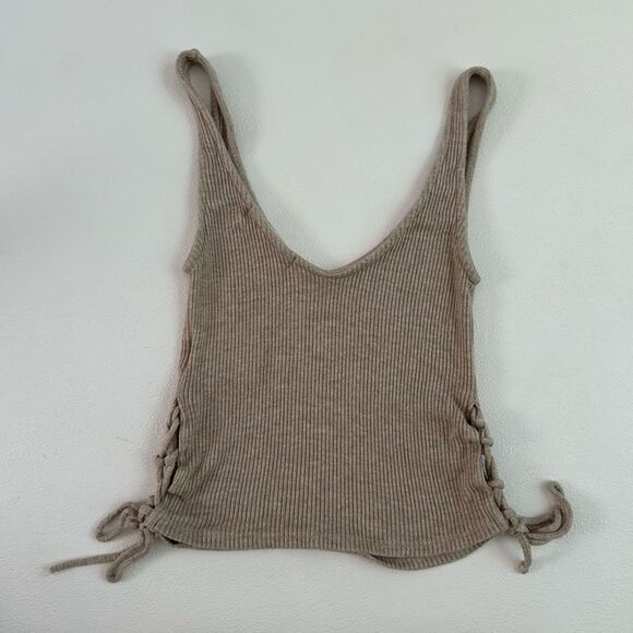 Urban Outfitters Project Social T Ribbed Knit Tank Women’s Small Beige Tie Side - Picture 2 of 5